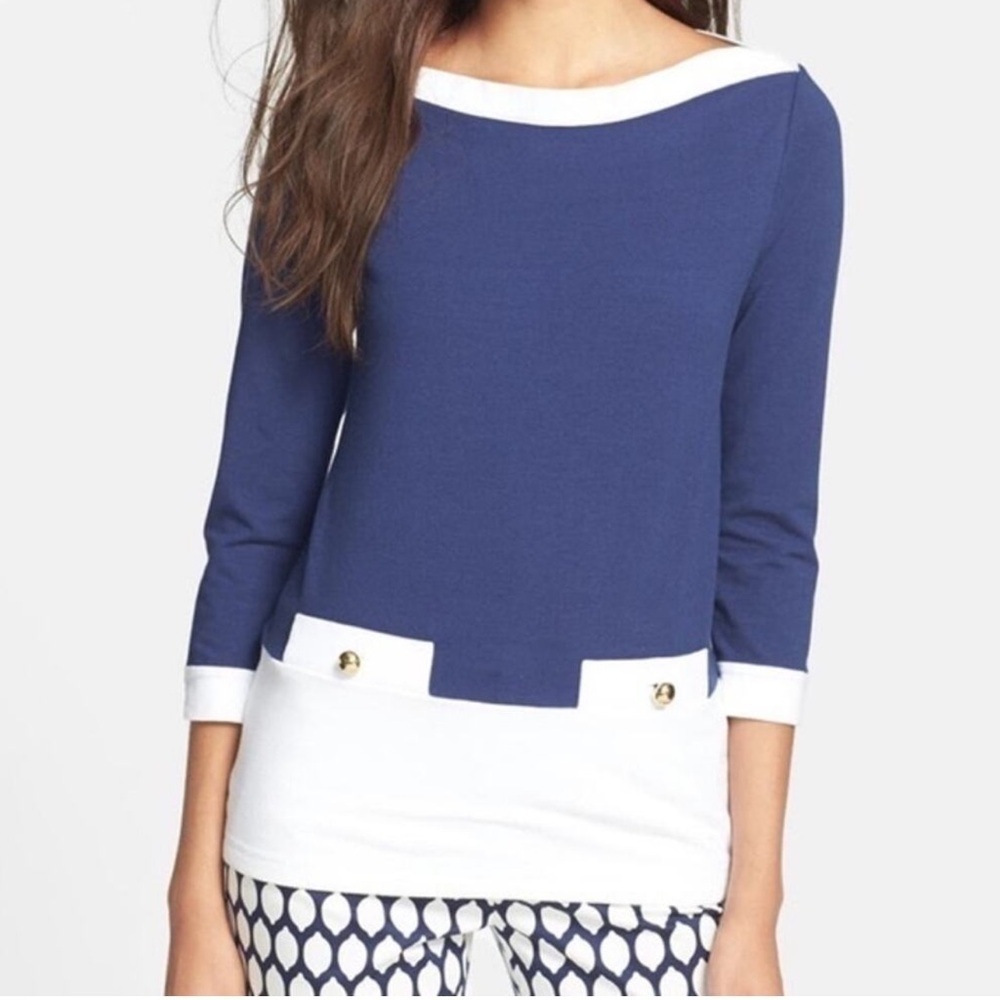 Kate Spade ‘Mazie’ Cotton Tunic Top Navy White Boatneck Women’s Size Small - Picture 2 of 11